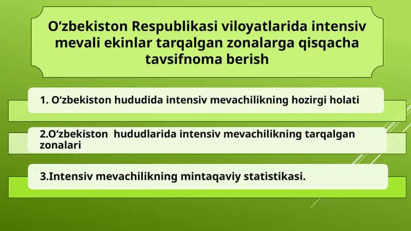 O‘zbekiston Respublikasi viloyatlarida intensiv mevali ekinlar tarqalgan zonalarga qisqacha tavsifnoma berish