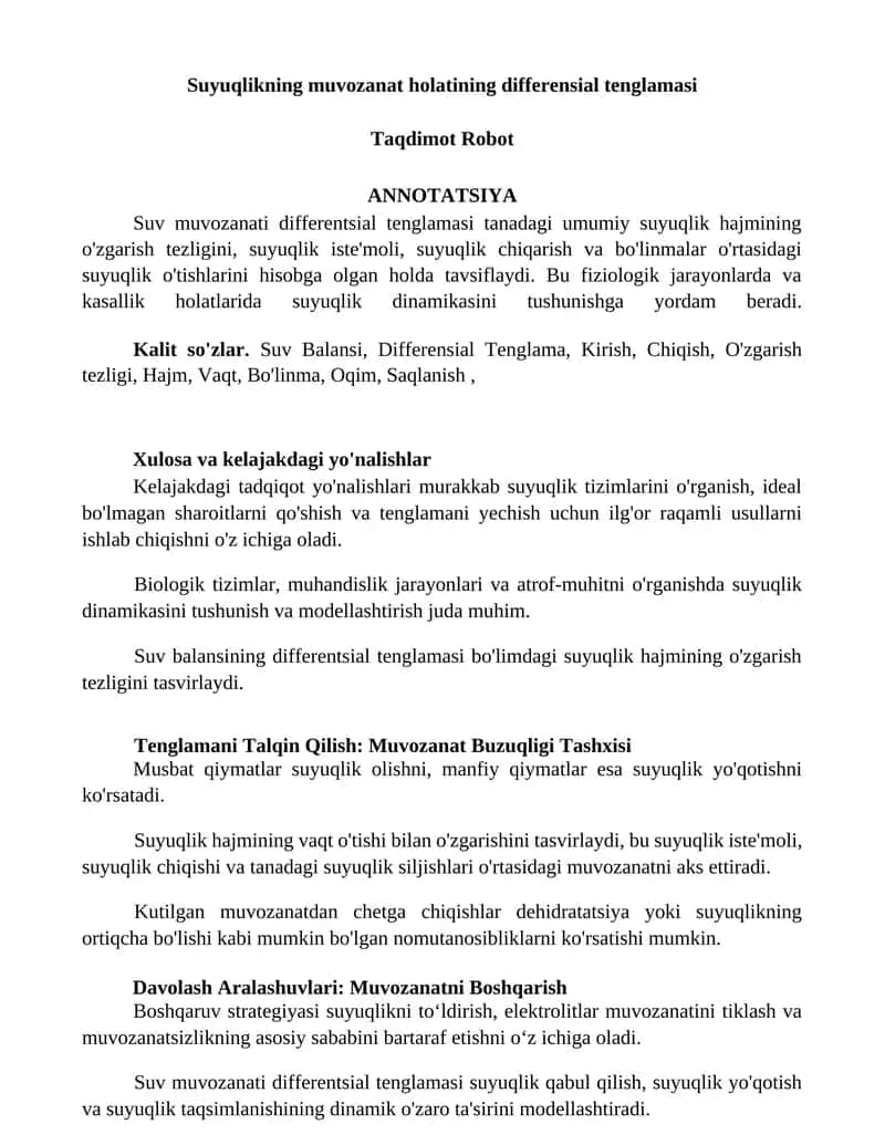 Suyuqlikning muvozanat holatining differensial tenglamasi