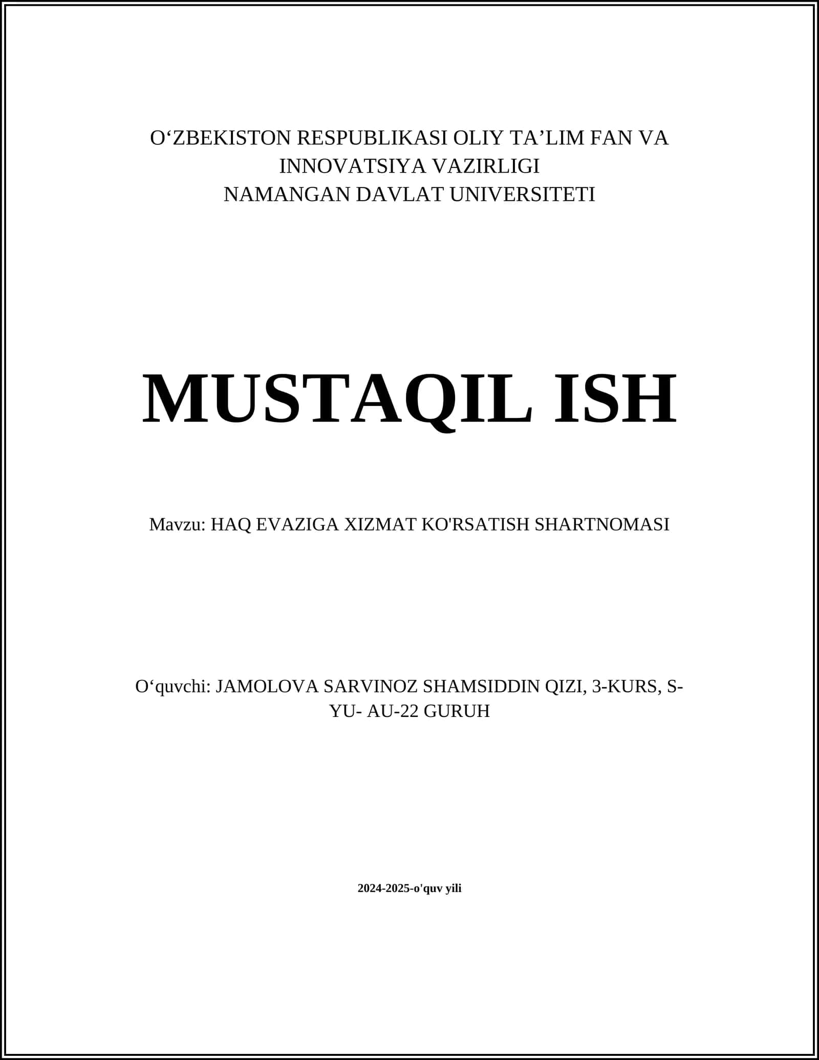 HAQ EVAZIGA XIZMAT KO'RSATISH SHARTNOMASI