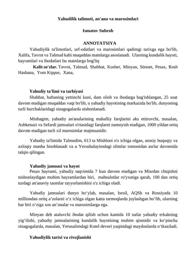 Yahudilik talimoti, an'ana va marosimlari