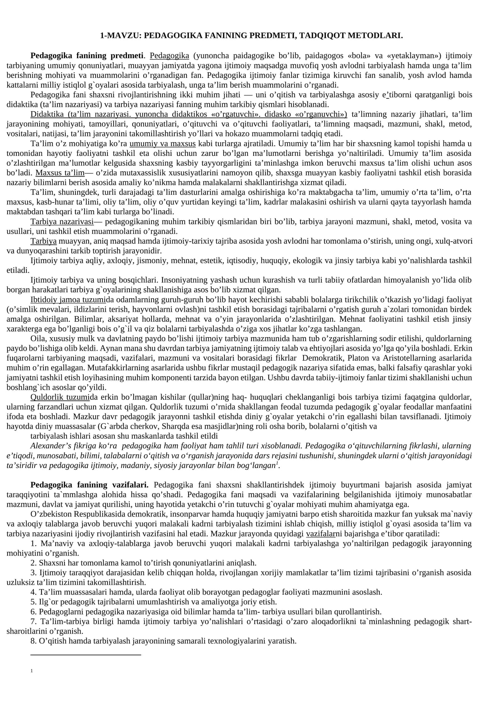 PEDAGOGIKA FANINING PREDMETI, TADQIQOT METODLARI