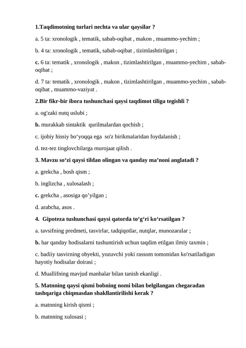 Akademik yozuv fanidan "Taqdimot nutqi ommabop nutqning bir turi sifatida. Taqdimotning tarkibi. Taqdimot turlari" mavzusida test savollari (javoblari bilan)