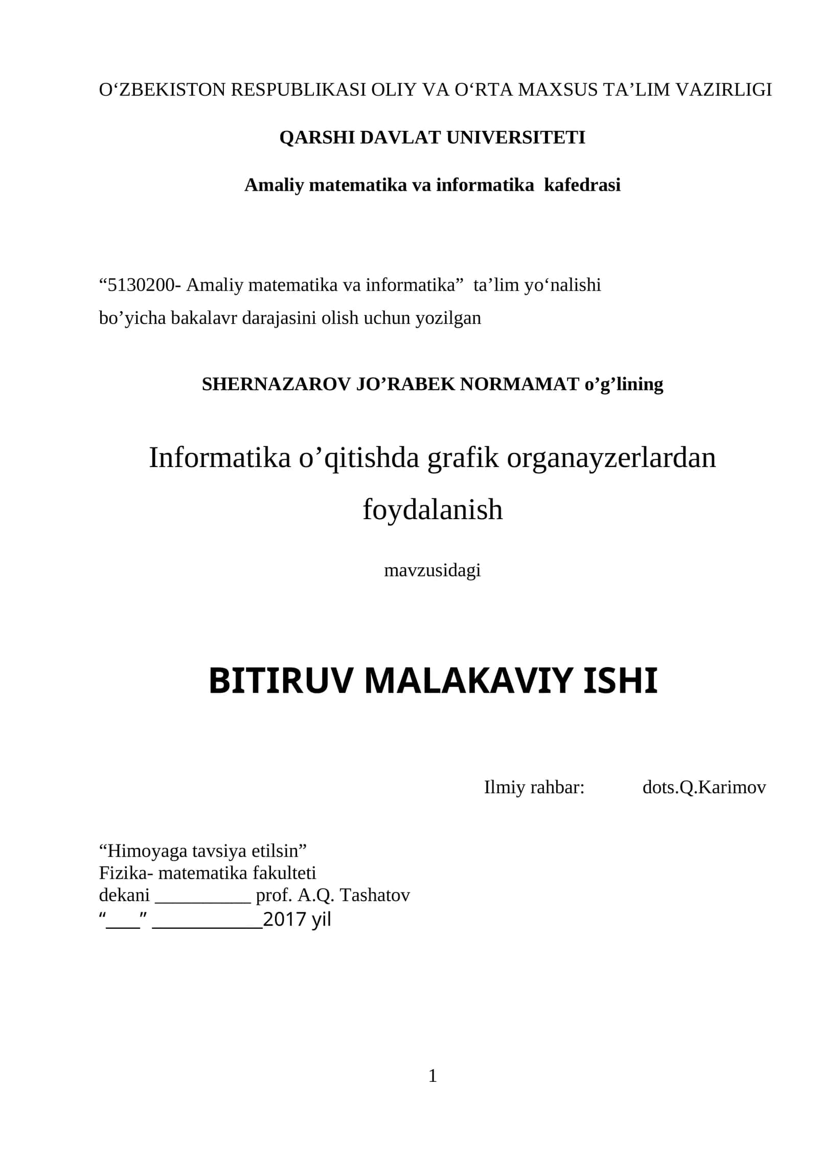 Informatika o’qitishda grafik organayzerlardan foydalanish mavzusidagi BITIRUV MALAKAVIY ISHI