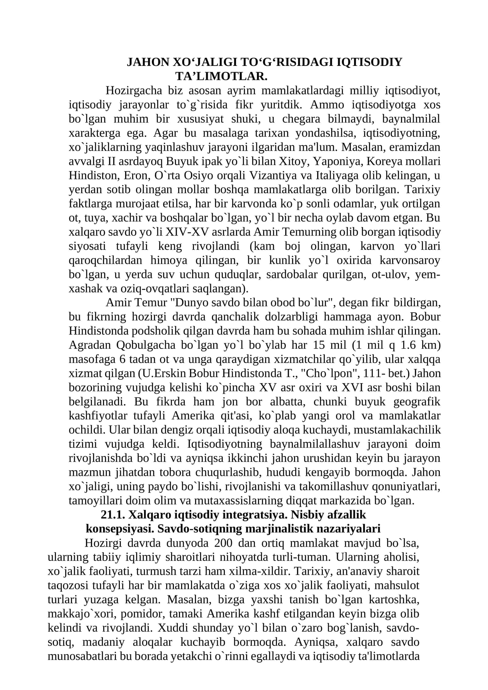 JAHON XO‘JALIGI TO‘G‘RISIDAGI IQTISODIY TA’LIMOTLAR