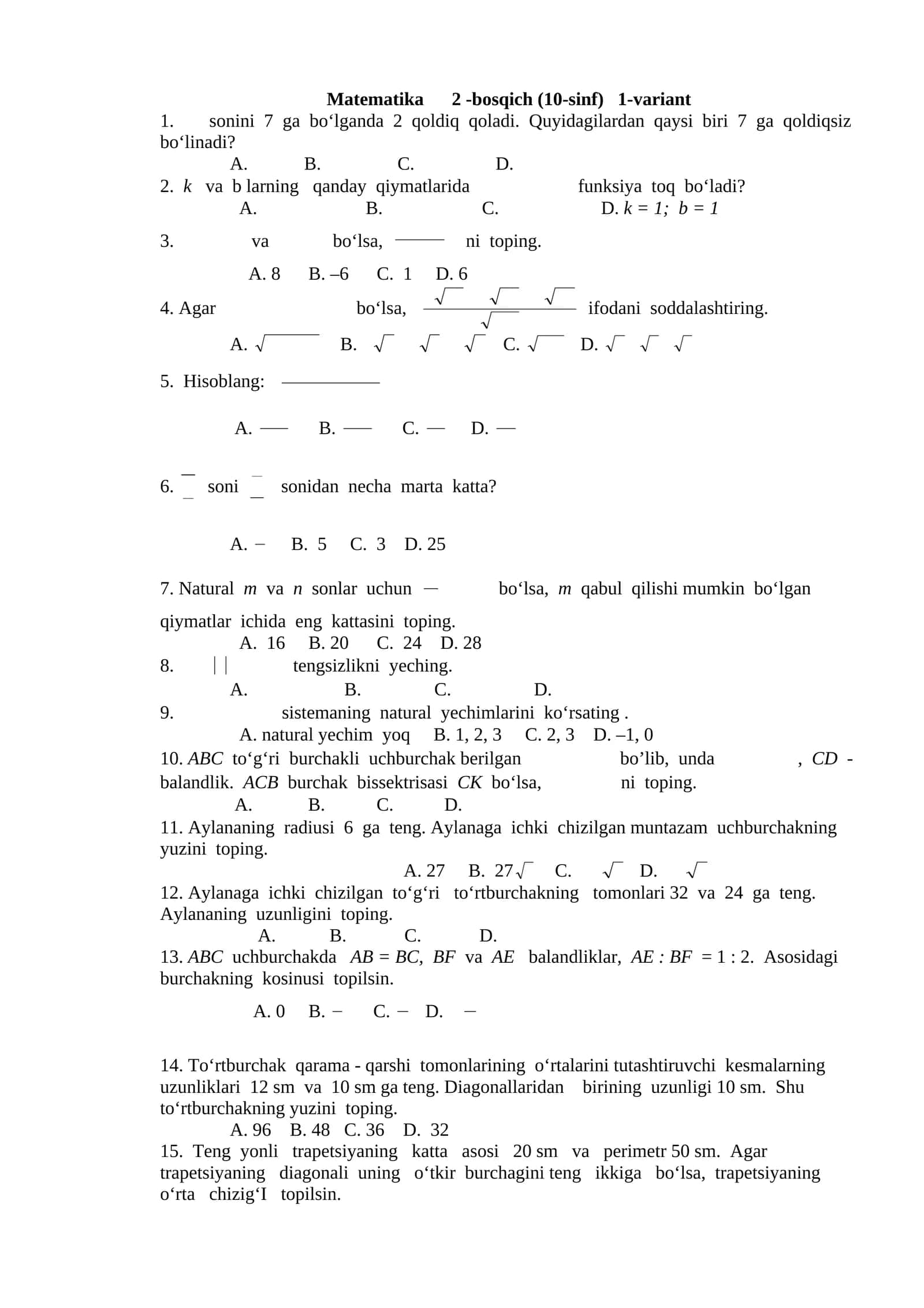 Matematika 10-sinf uchun qiyin test