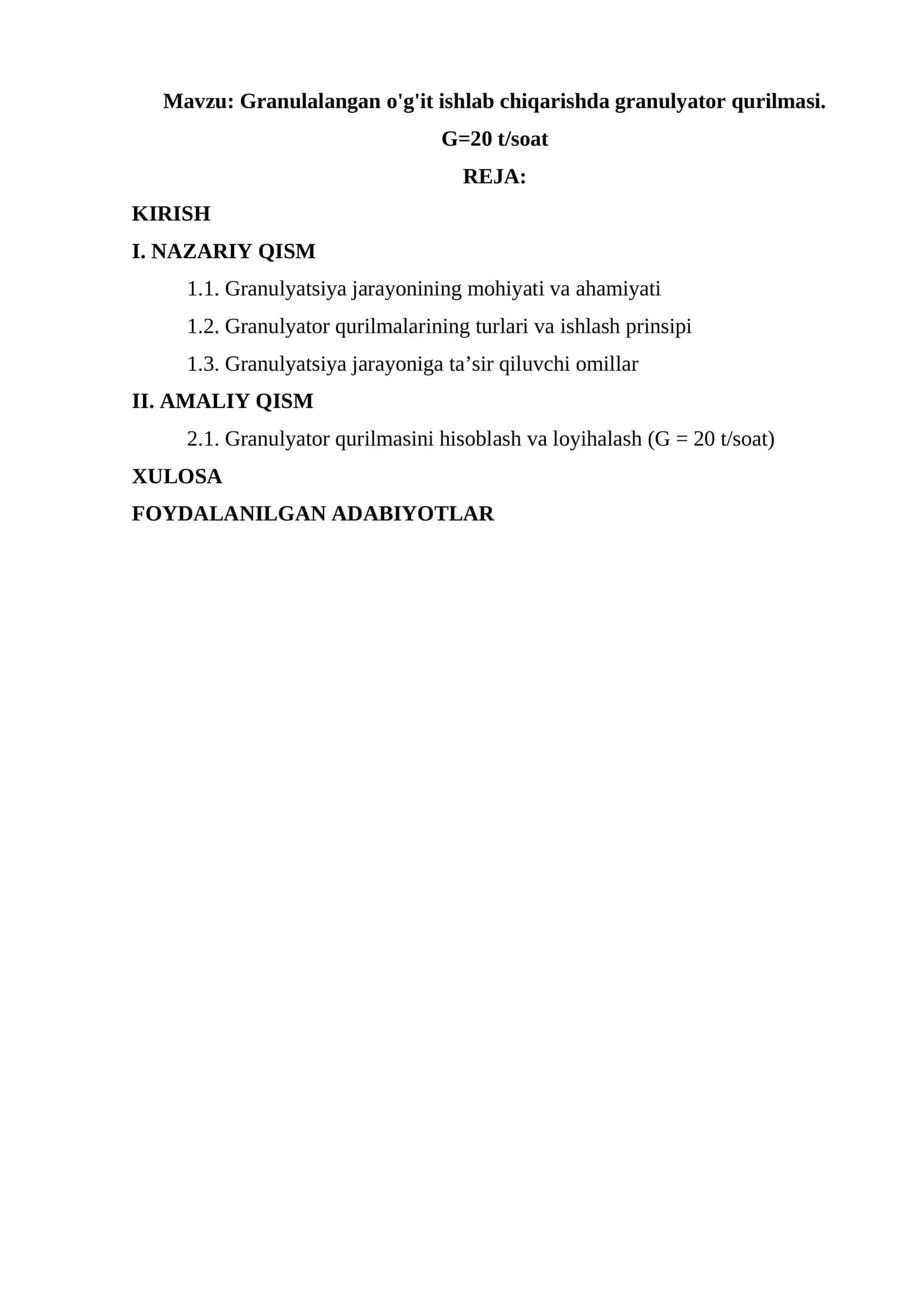 Granulalangan o'g'it ishlab chiqarishda granulyator qurilmasi. G = 20 t/soat