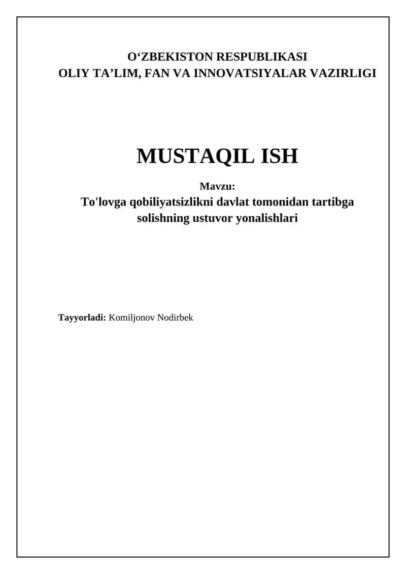 To'lovga qobiliyatsizlikni davlat tomonidan tartibga solishning ustuvor yonalishlari