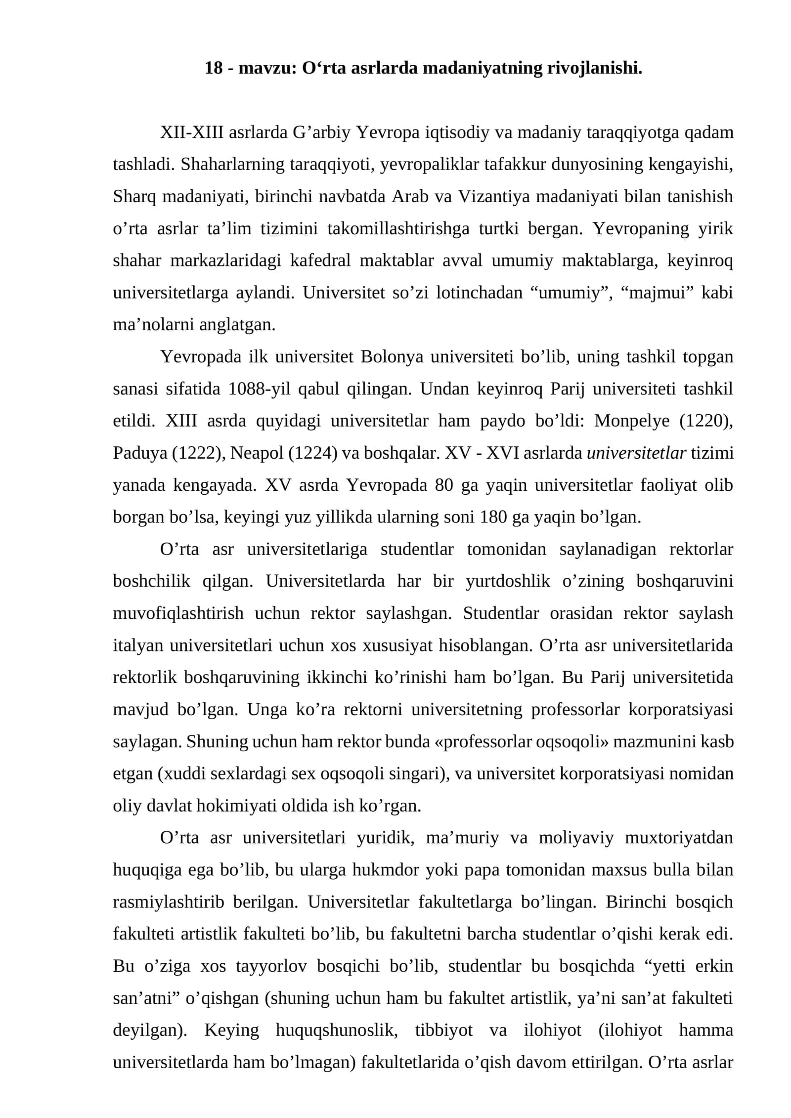 O‘rta asrlarda madaniyatning rivojlanishi