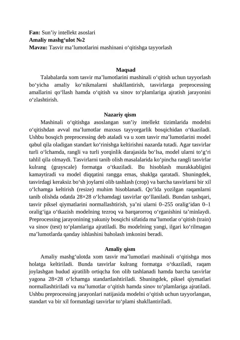 Tasvir ma’lumotlarini mashinani o‘qitishga tayyorlash