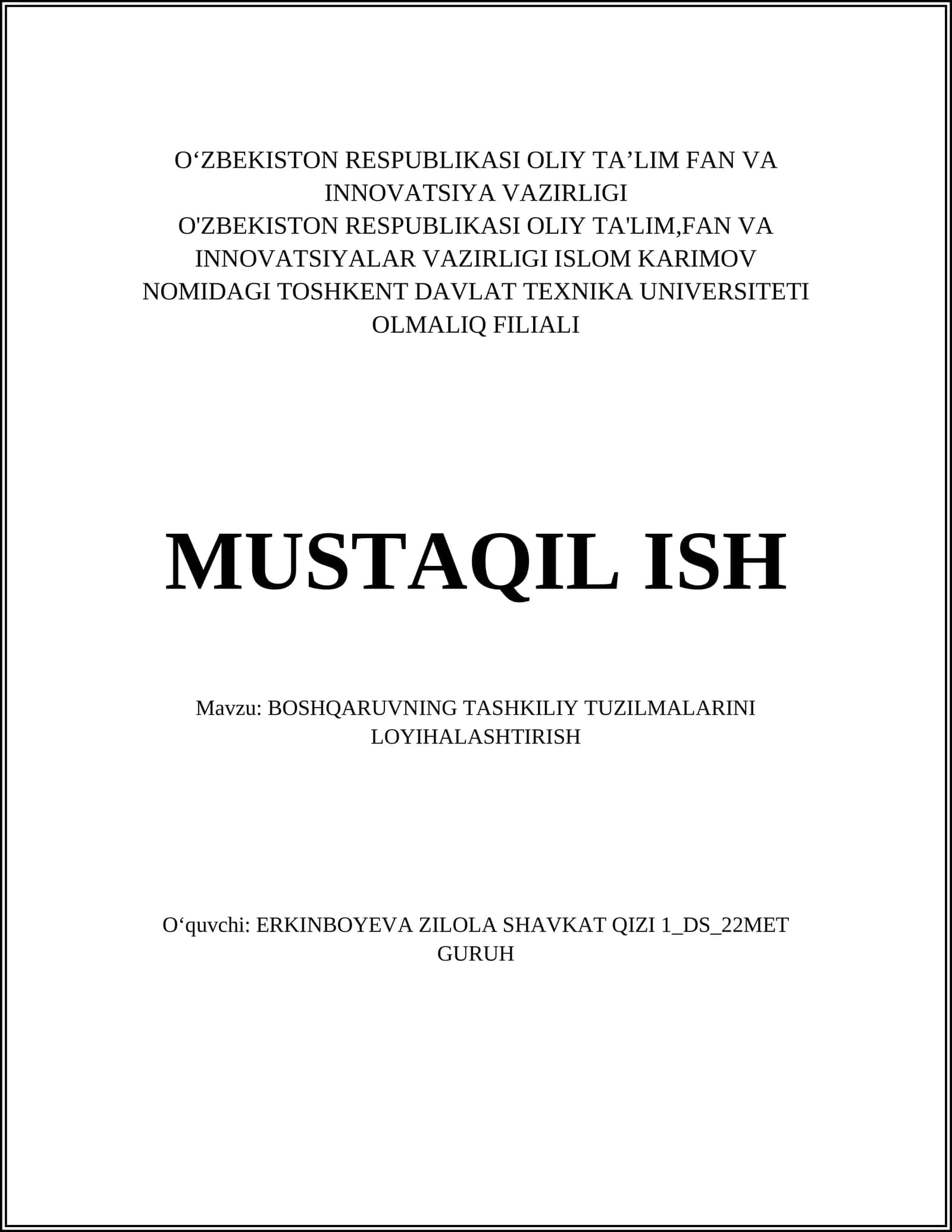 BOSHQARUVNING TASHKILIY TUZILMALARINI LOYIHALASHTIRISH