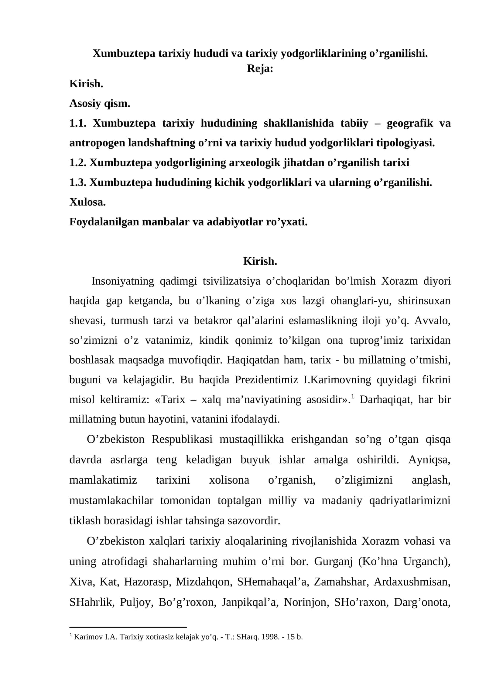 Xumbuztepa tarixiy hududi va tarixiy yodgorliklarining o’rganilishi