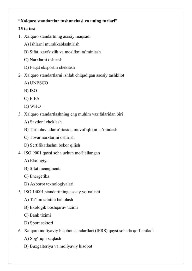 Xalqaro standartlar tushunchasi va uning turlari