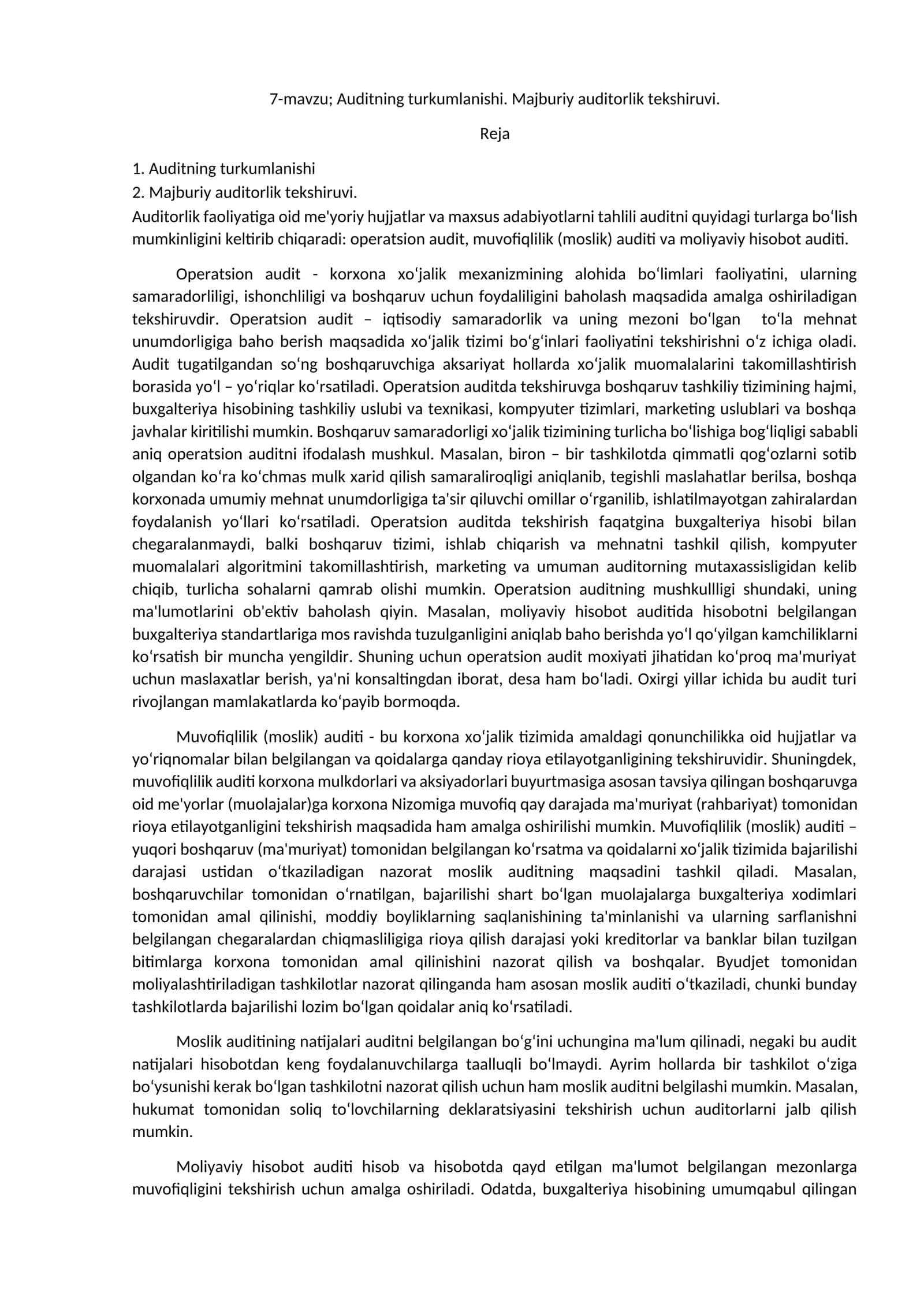 Auditning turkumlanishi. Majburiy auditorlik tekshiruvi