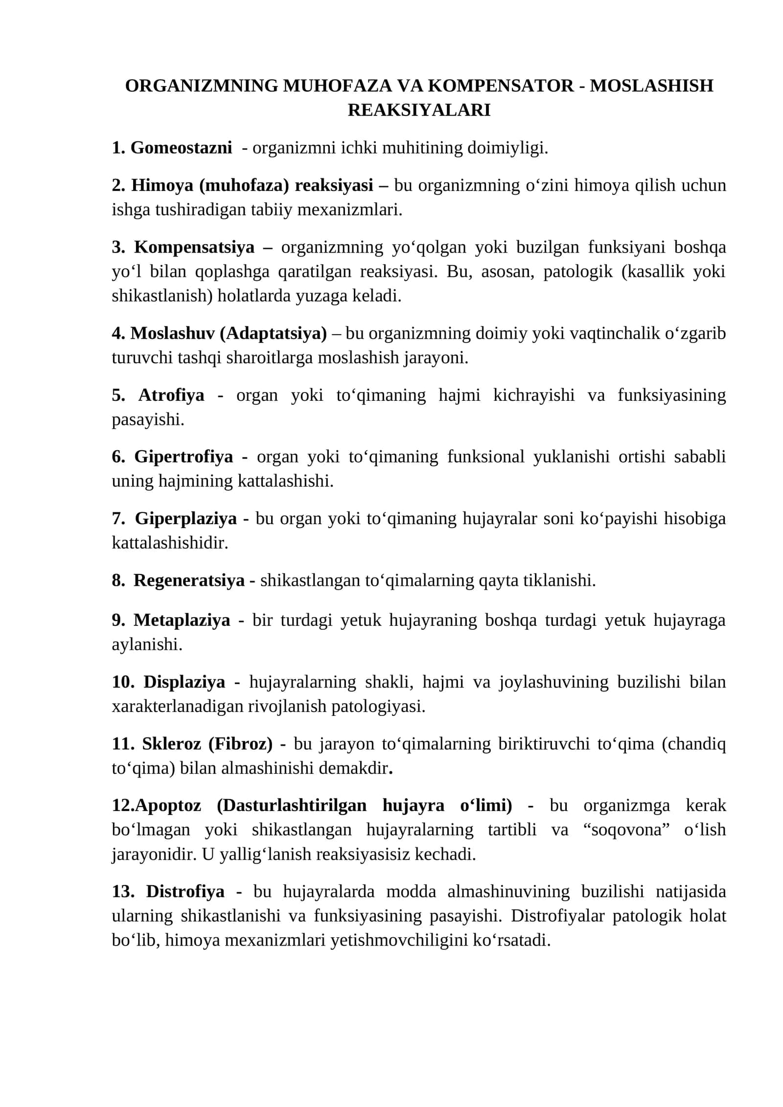 ORGANIZMNING MUHOFAZA VA KOMPENSATOR - MOSLASHISH REAKSIYALARI
