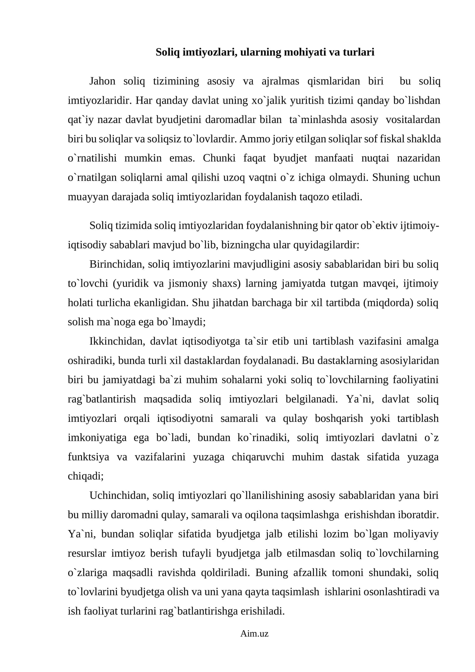 Soliq imtiyozlari, ularning mohiyati va turlari