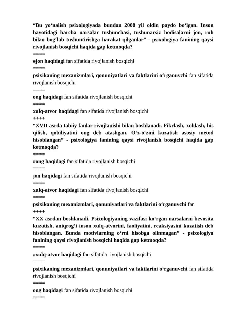 Psixologiya fanining rivojlanish bosqichi