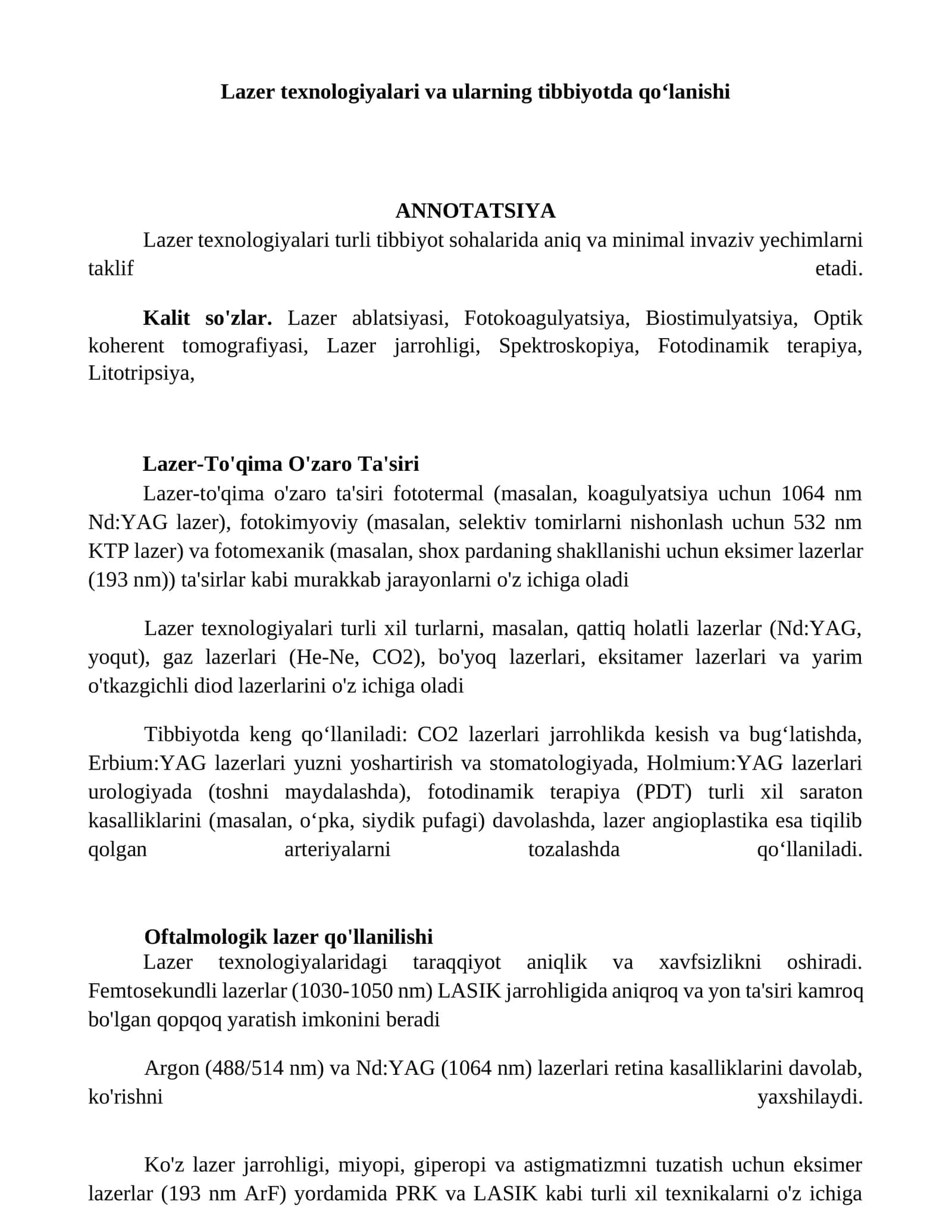 Lazer texnologiyalari va ularning tibbiyotda qo'lanishi