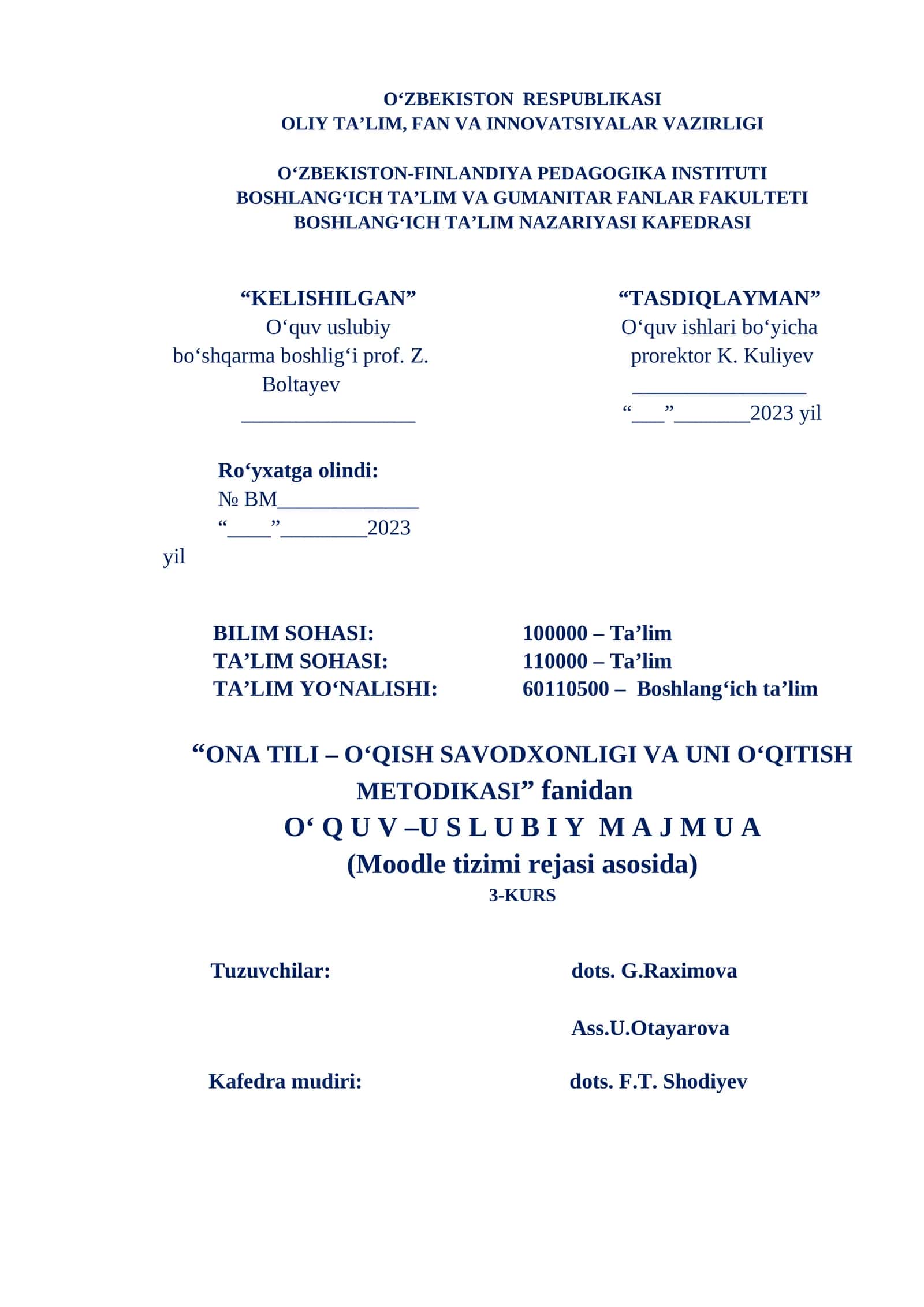 O‘quv-uslubiy majmua Moodle tizimi rejasi asosida