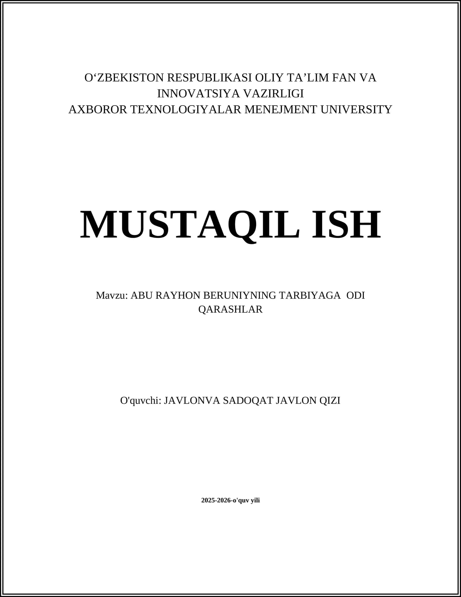 ABU RAYHON BERUNIYNING TARBIYAGA ODI QARASHLAR