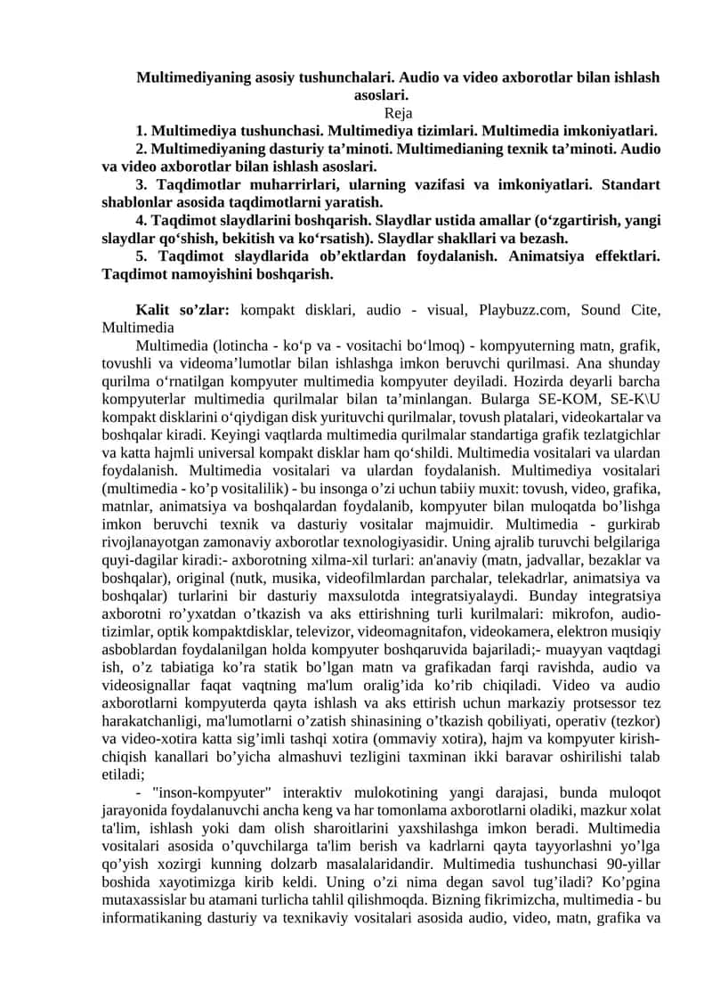 Multimedia tushunchalari va amaliyoti