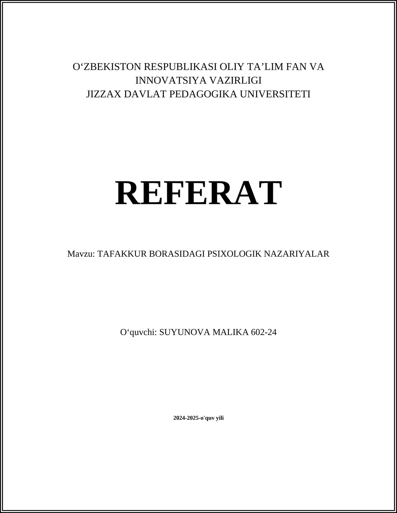 TAFAKKUR BORASIDAGI PSIXOLOGIK NAZARIYALAR
