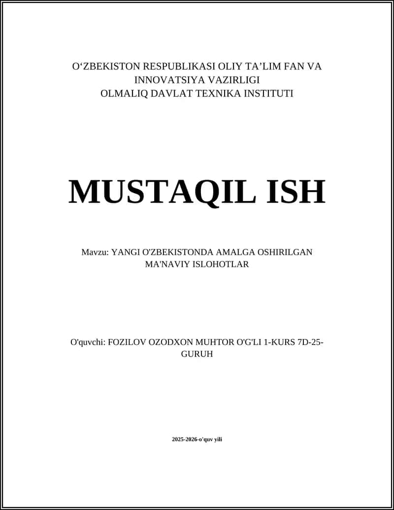 YANGI O'ZBEKISTONDA AMALGA OSHIRILGAN MA'NAVIY ISLOHOTLAR