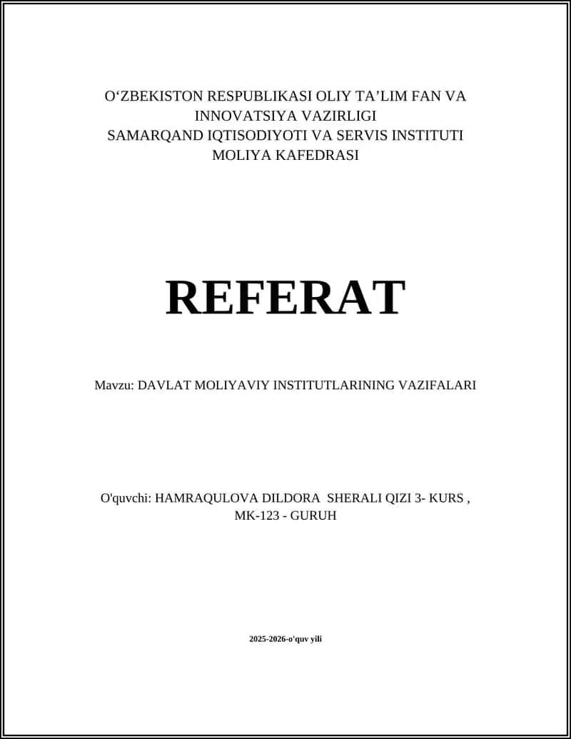 DAVLAT MOLIYAVIY INSTITUTLARINING VAZIFALARI