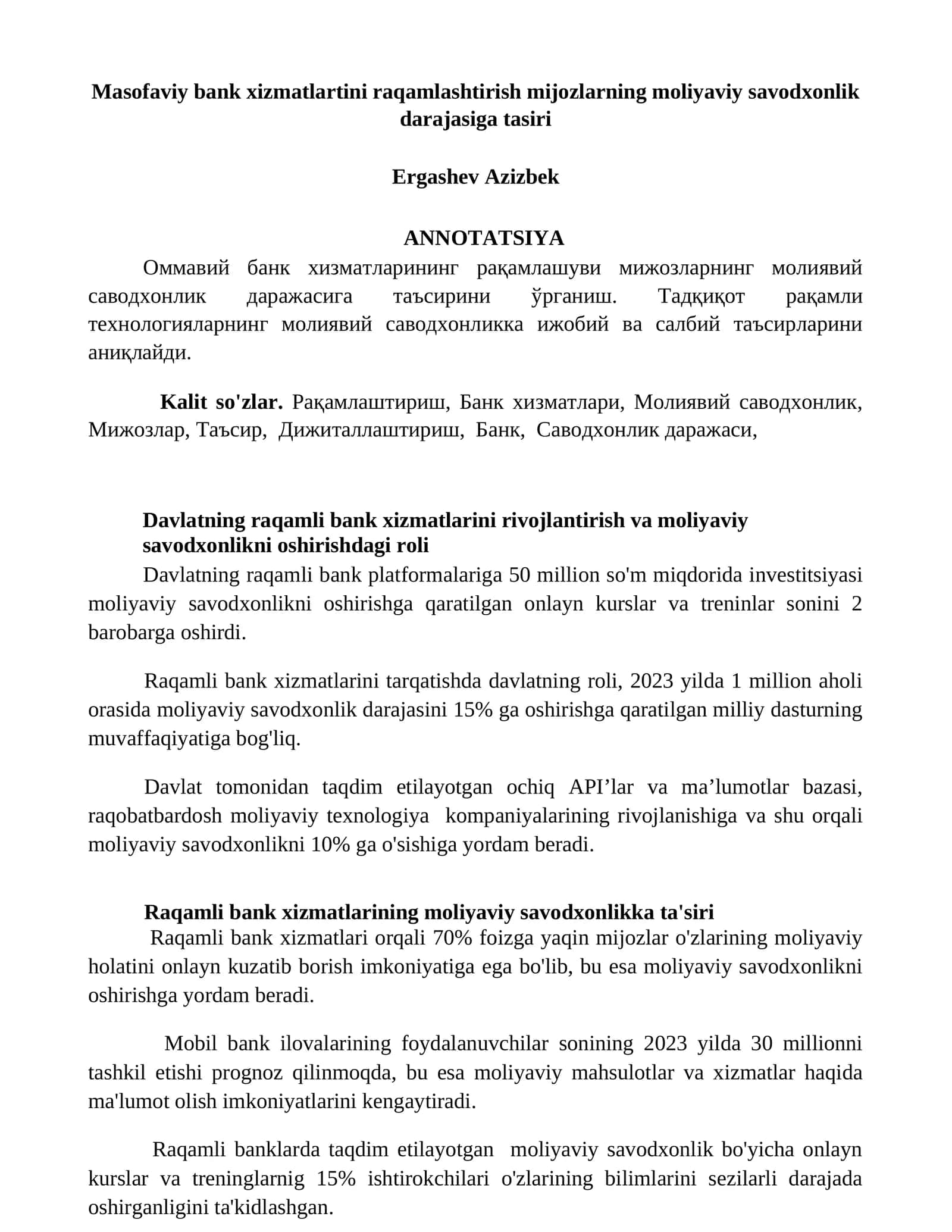 Davlatning raqamli bank xizmatlarini rivojlantirish va moliyaviy savodxonlikni oshirishdagi roli