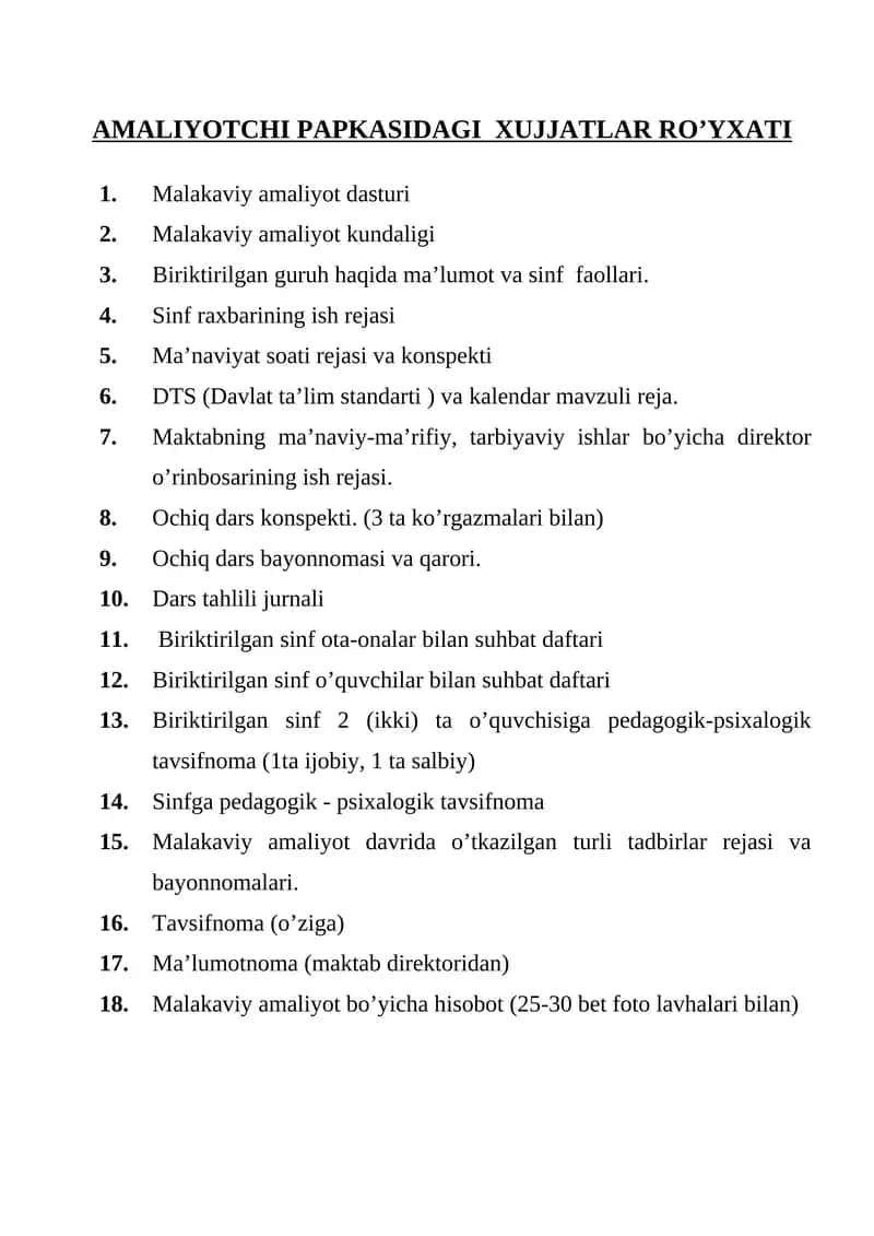 AMALIYOTCHI PAPKASIDAGI XUJJATLAR RO’YXATI