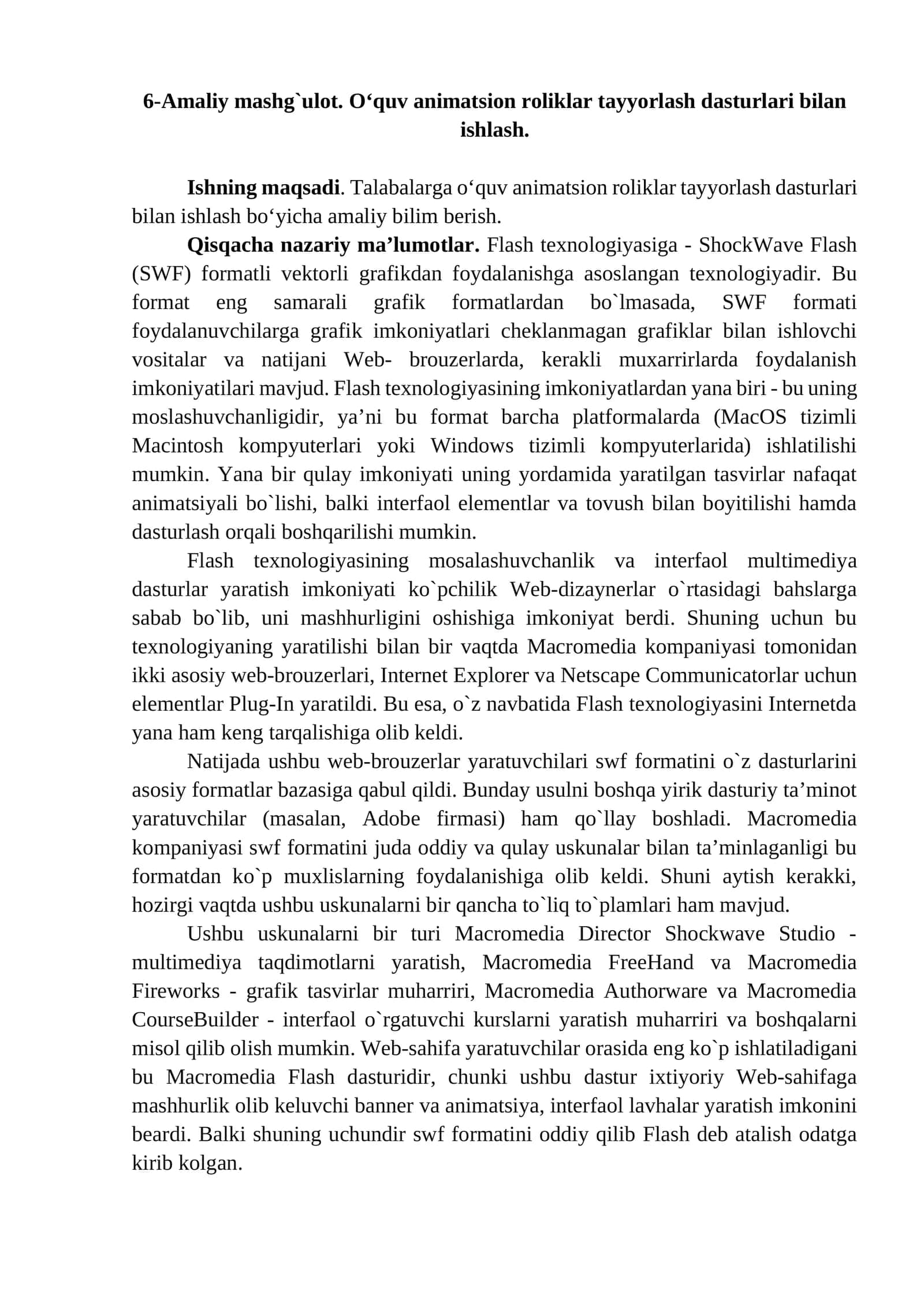 6-Amaliy mashg`ulot. O‘quv animatsion roliklar tayyorlash dasturlari bilan ishlash
