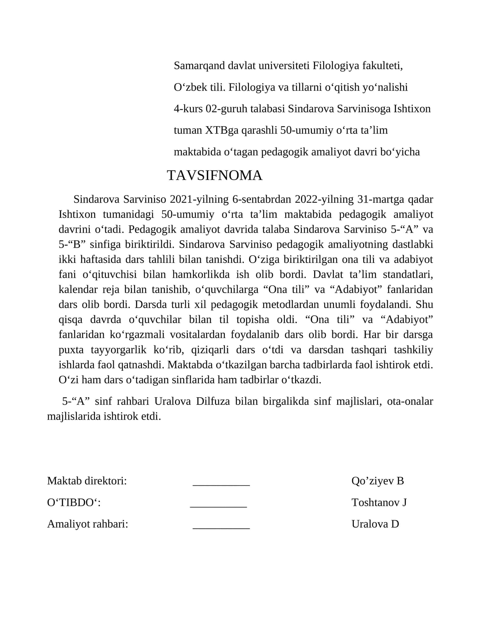 Sindarova Sarviniso pedagogik amaliyot davri