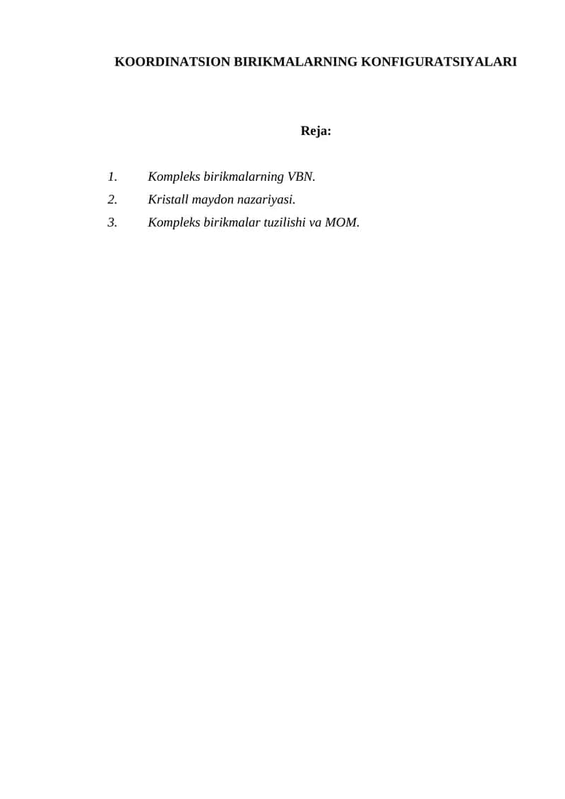 KOORDINATSION BIRIKMALARNING KONFIGURATSIYALARI