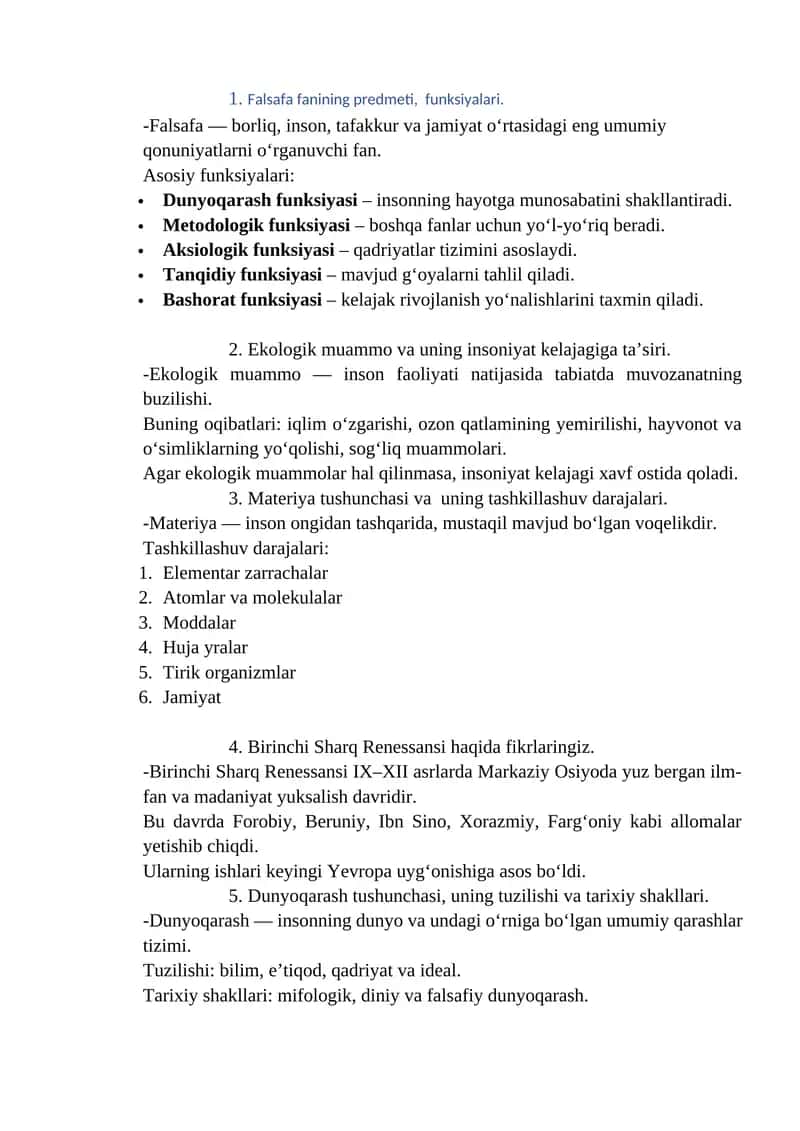 Falsafa fanining predmeti, funksiyalari