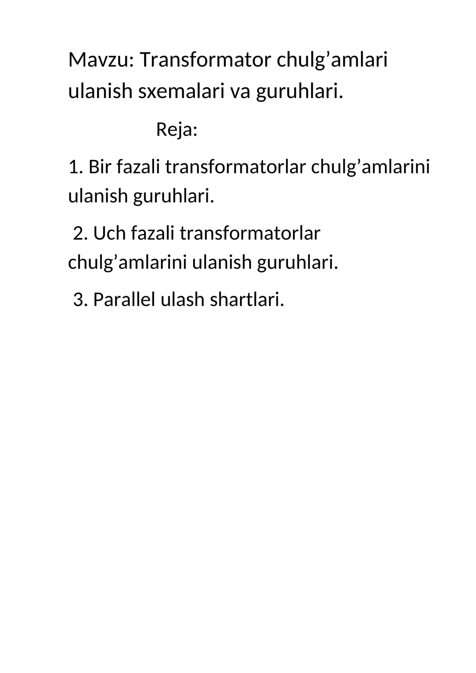 Transformator chulg’amlari ulanish sxemalari va guruhlari
