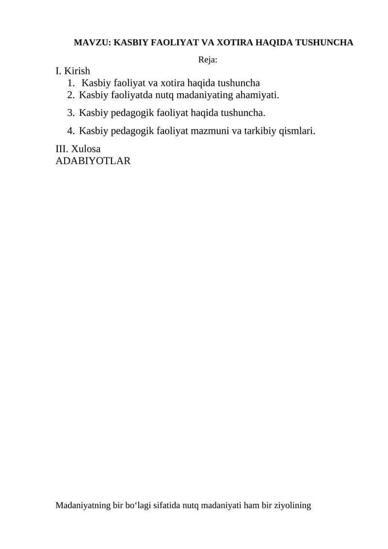 Kasbiy faoliyat va xotira haqida tushuncha