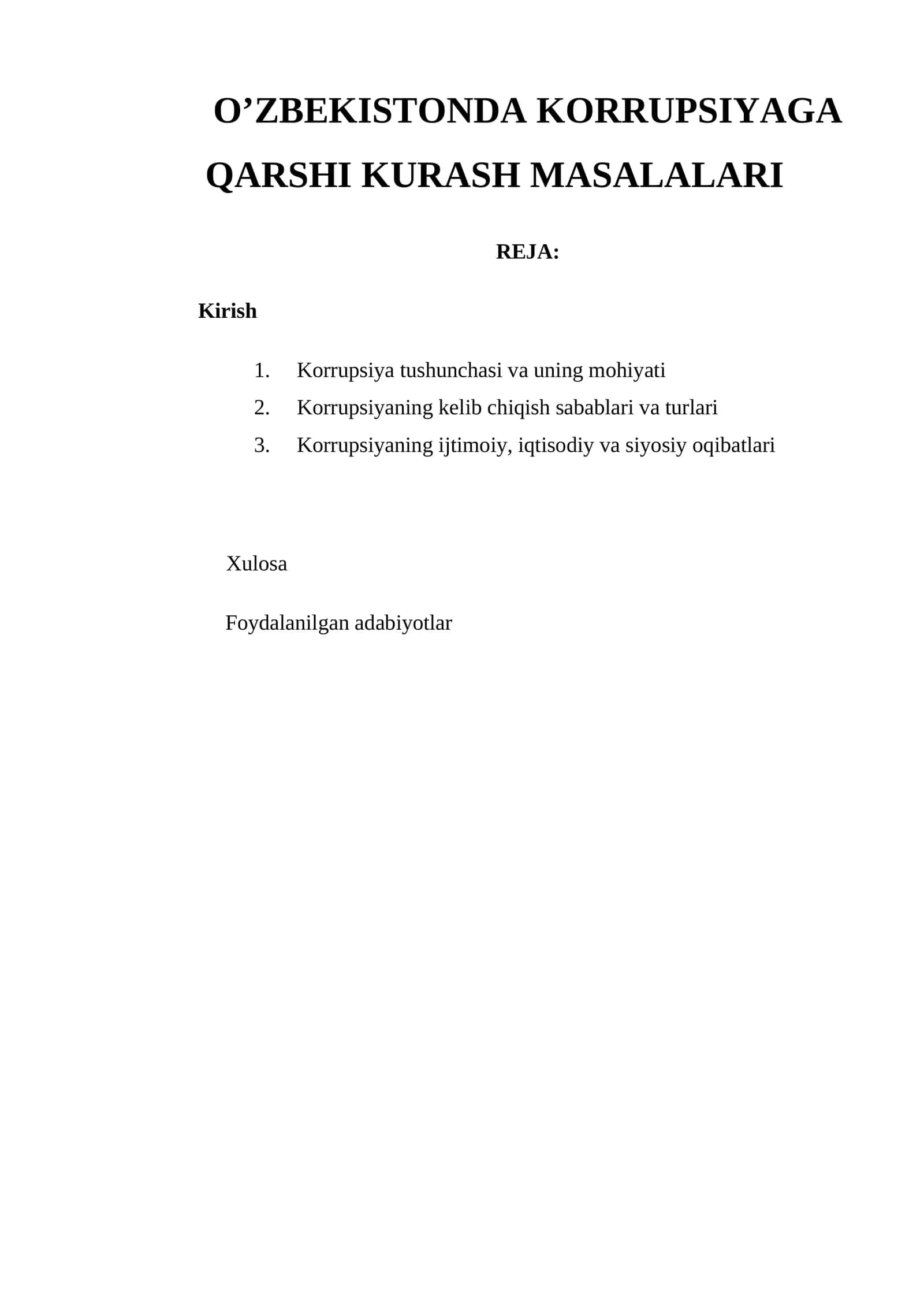 O’ZBEKISTONDA KORRUPSIYAGA QARSHI KURASH MASALALARI
