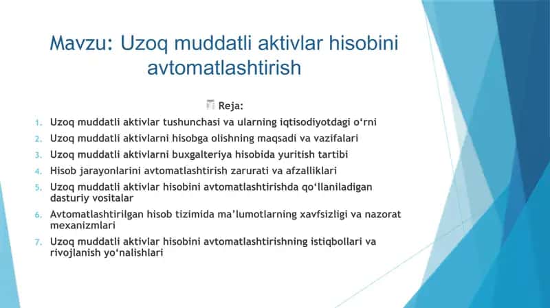 Uzoq muddatli aktivlar hisobini avtomatlashtirish – 10 slaydli taqdimot