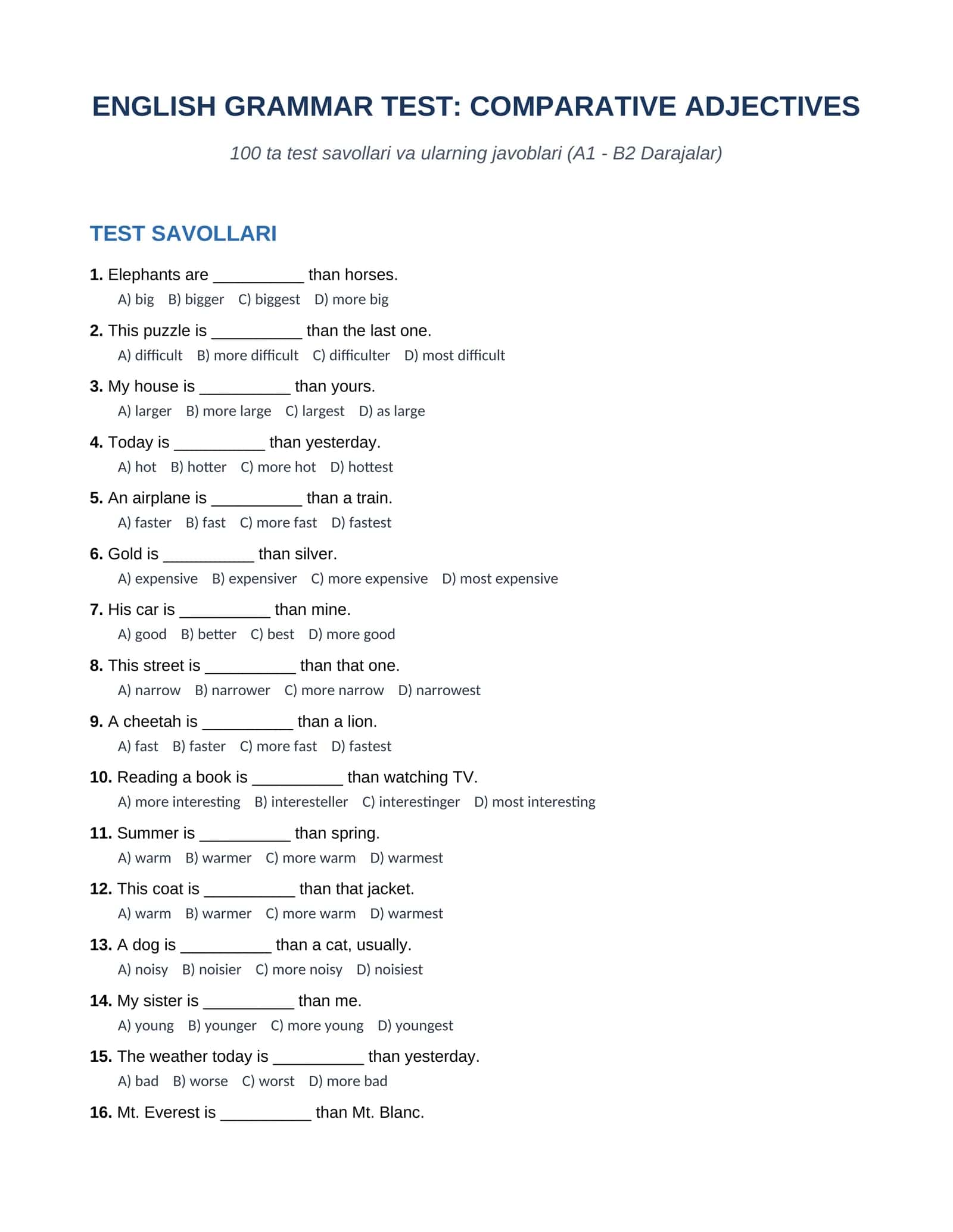 "Comparative Adjectives" (Sifatlarning qiyosiy darajasi) iboralari va qoidalari bo'yicha maxsus tayyorlangan 100 talik test oxiridan javoblari bilan