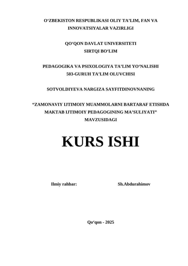 "ZAMONAVIY IJTIMOIY MUAMMOLARNI BARTARAF ETISHDA MAKTAB IJTIMOIY PEDAGOGINING MAʼSULIYATI"