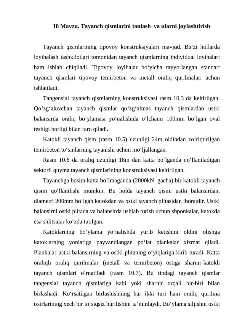 Tayanch qismlarini tanlash va ularni joylashtirish