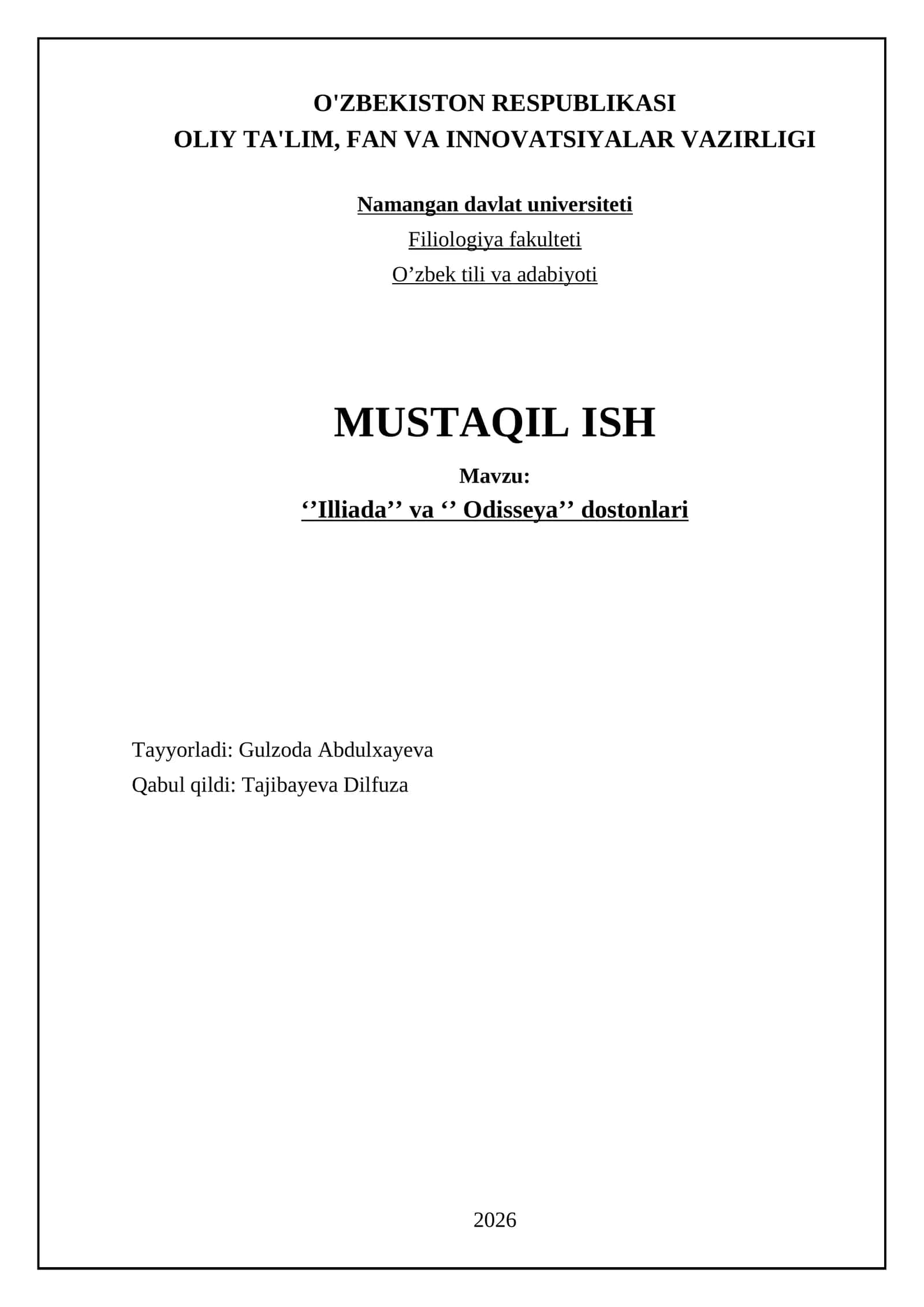 ‘’Illiada’’ va ‘’ Odisseya’’ dostonlari
