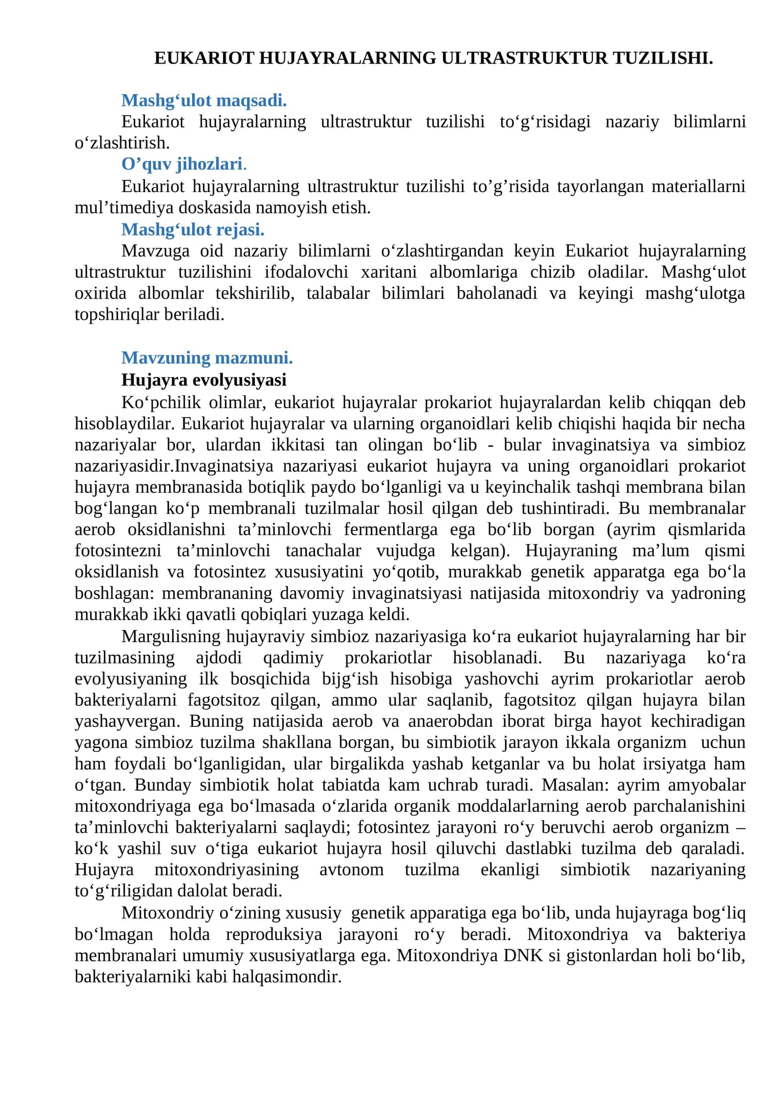 Eukariot Hujayralarning Ultrastruktur Tuzilishi