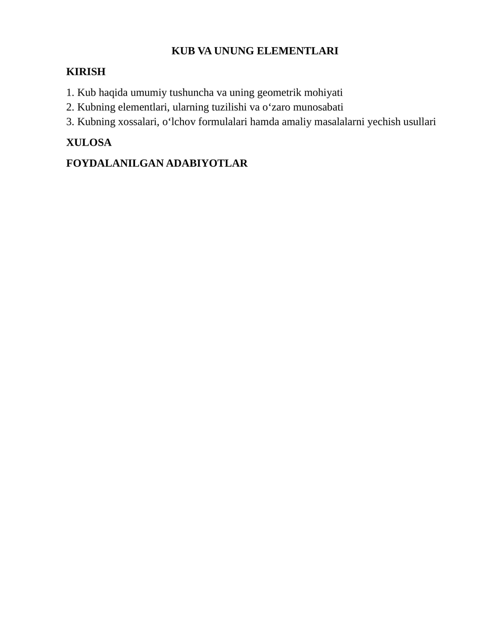 Kub va unung elementlari