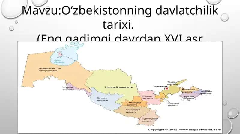 Oʻzbekistonning davlatchilik tarixi. (Eng qadimgi davrdan XVI asr davlatchiligi)