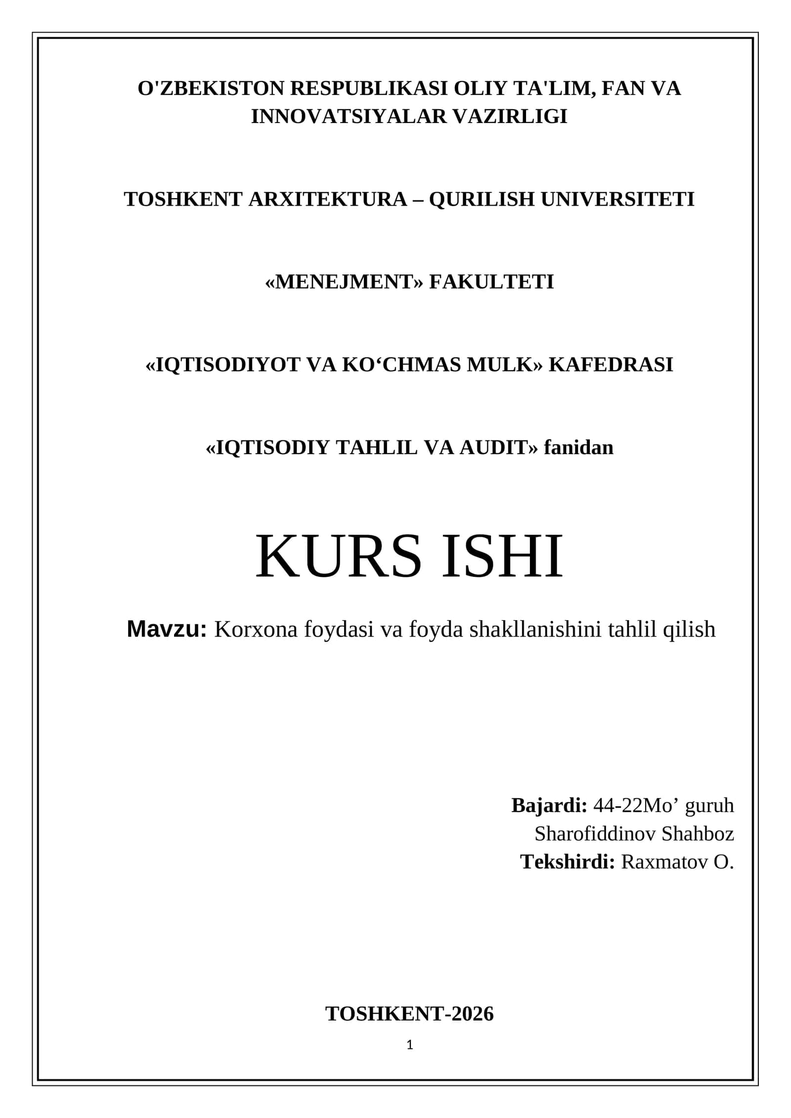 Korxona foydasi va foyda shakllanishini tahlil qilish