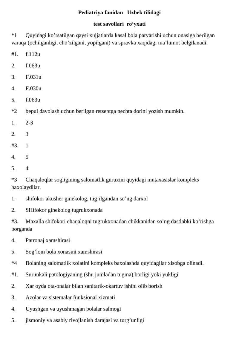 Pediatriya fanidan Uzbek tilidagi test savollari ro‘yxati