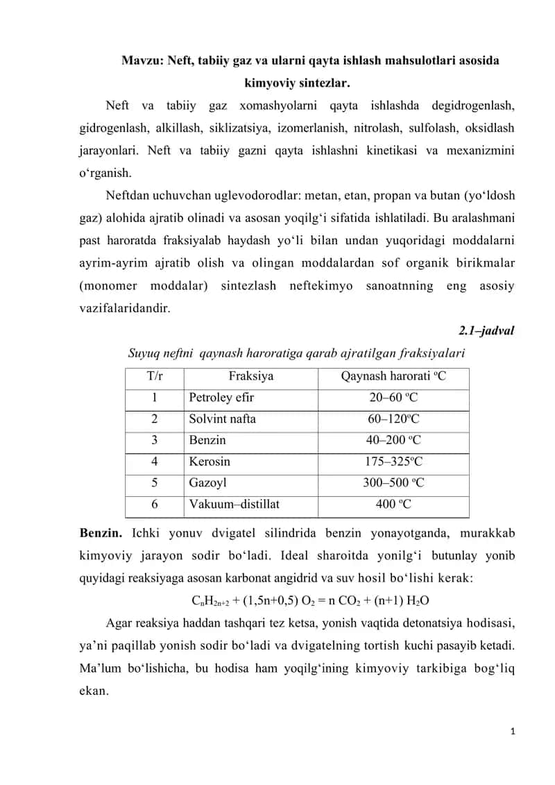Neft, tabiiy gaz va ularni qayta ishlash mahsulotlari asosida kimyoviy sintezlar