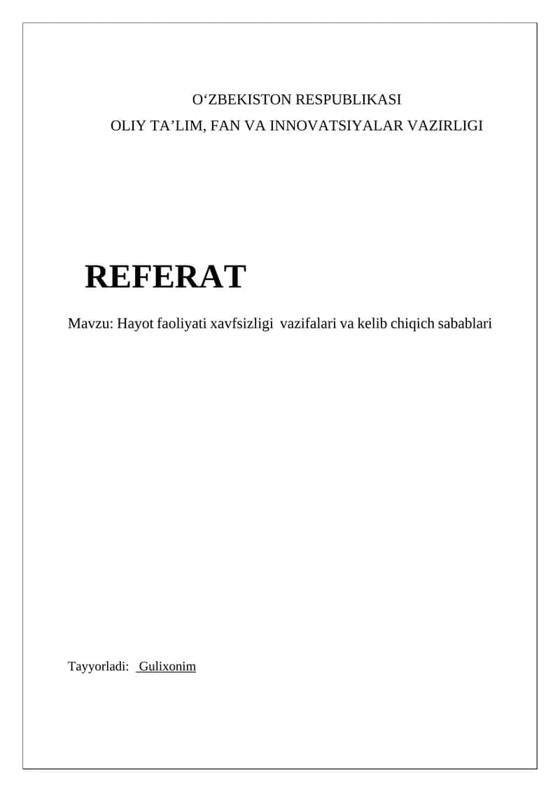 Hayot Xavfsizligi Vazifalari