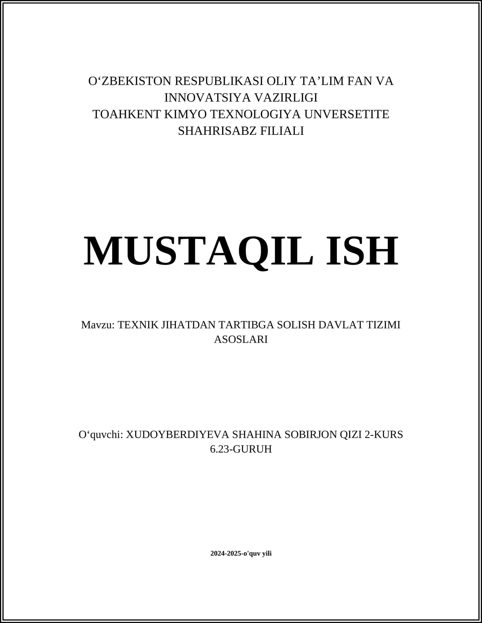 TEXNIK JIHATDAN TARTIBGA SOLISH DAVLAT TIZIMI ASOSLARI