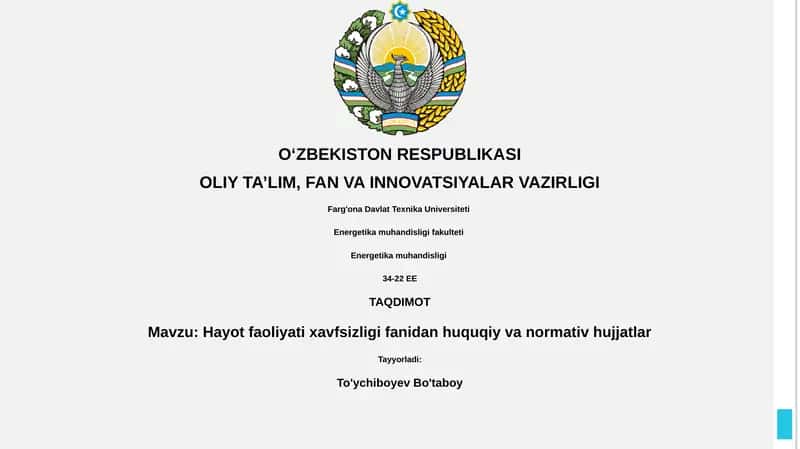 Hayot faoliyati xavfsizligi fanidan huquqiy va normativ hujjatlar